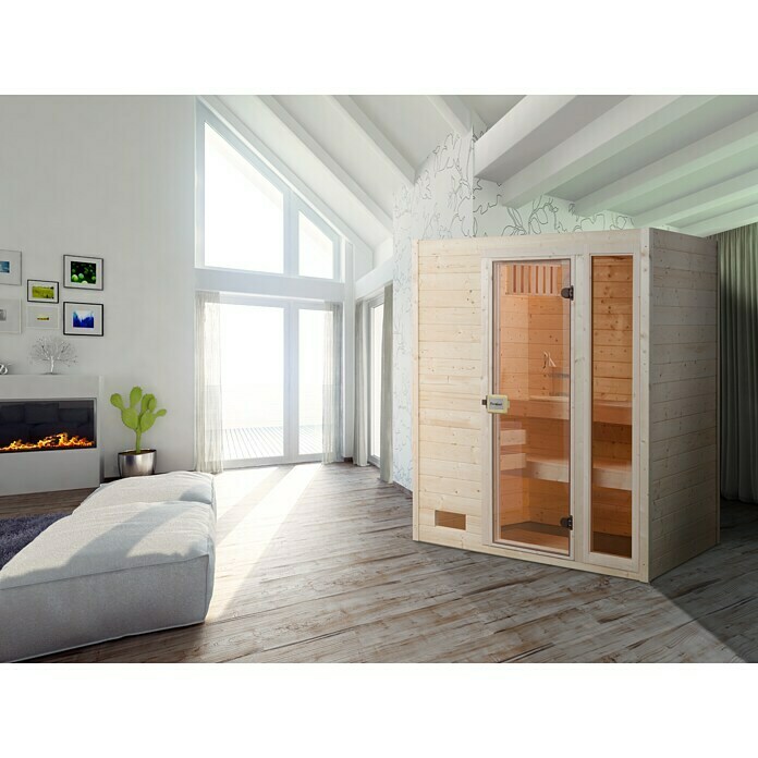 Finnwood Massivholzsauna Lasse 2Mit 5,4 kW Saunaofen mit integrierter Steuerung, Material Tür: Einscheibensicherheitsglas (ESG), 139 x 189 x 203 cm Mood Shot