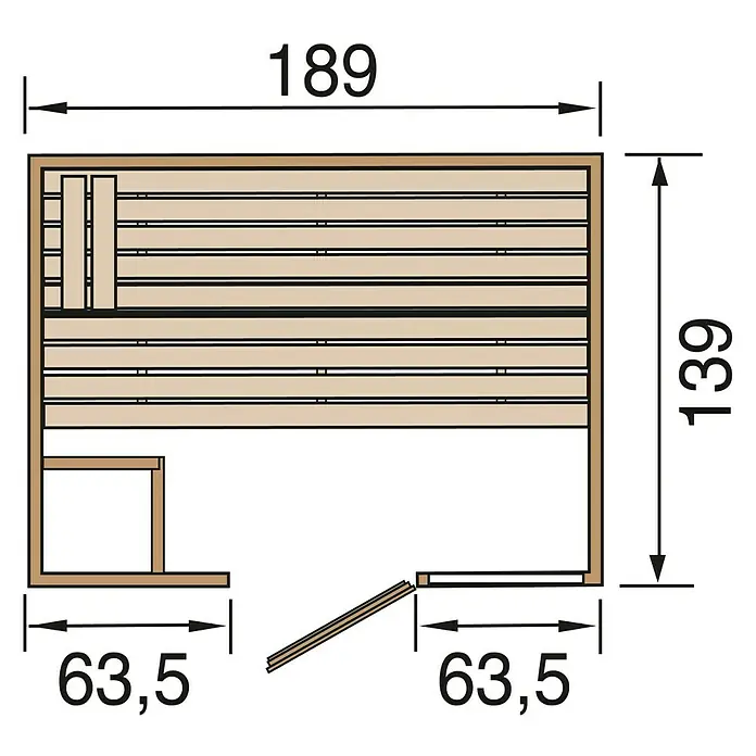 Finnwood Massivholzsauna Lasse 2 by WEKA - Elektroofen, Steuerung Ofen: Integriert, L x B x H: 139 x 189 x 203 cm - Draufsicht einer Sauna mit den Maßen 189 x 139 cm und einem Eingangsbereich von 63,5 cm.