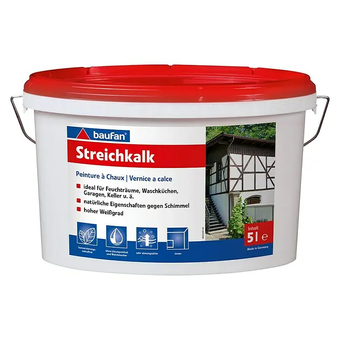 Baufan Wandfarbe Streichkalk - Weiß, Matt, 5 l - Abbildung eines Eimers Baufan Streichkalk, einer Kalkfarbe, ideal für Feuchträume und zur Schimmelvorbeugung, mit hohem Weißgrad.