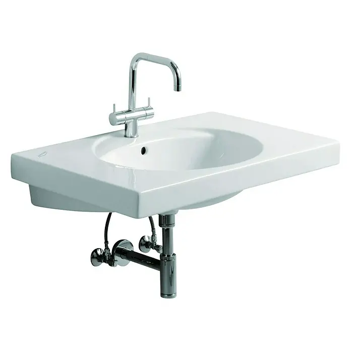 Geberit Preciosa Waschtisch - 80 x 55 cm, Ohne Spezialglasur, Hahnloch: Mitte, Mit Überlauf, Weiß - Das Bild zeigt ein modernes, weißes Waschbecken mit glänzender Armatur, das an einer Wand montiert ist und eine stilvolle Badezimmerlösung darstellt.