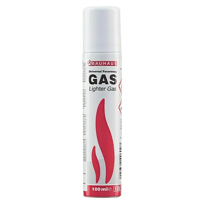 BAUHAUS Gas-Nachfüllkartusche LG-100 - 100 ml - Eine Dose Universal Feuerzeug Gas von Bauhaus mit rotem Flammensymbol und Warnhinweisen, ideal zum Nachfüllen von Feuerzeugen.