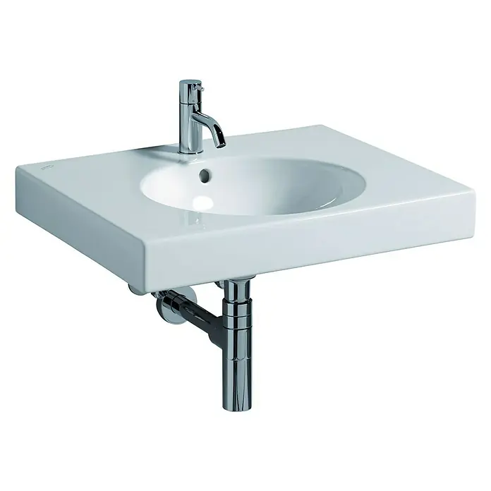 Geberit Preciosa Waschtisch II - 60 x 50 cm, Ohne Spezialglasur, Hahnloch: Mitte, Mit Überlauf, Weiß - Elegantes Waschbecken aus Keramik mit Armatur und chromfarbenem Siphon. Das moderne Design passt perfekt in jedes Badezimmer.