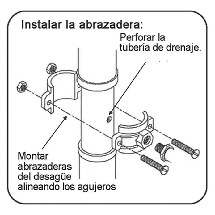 Bb agua Abrazadera para conexión desagüe 1/4" - Apto para: Equipos de ósmosis - Diagrama de instalación de una abrazadera de tubo para sujetarla a una tubería de desagüe, con guía de perforación.