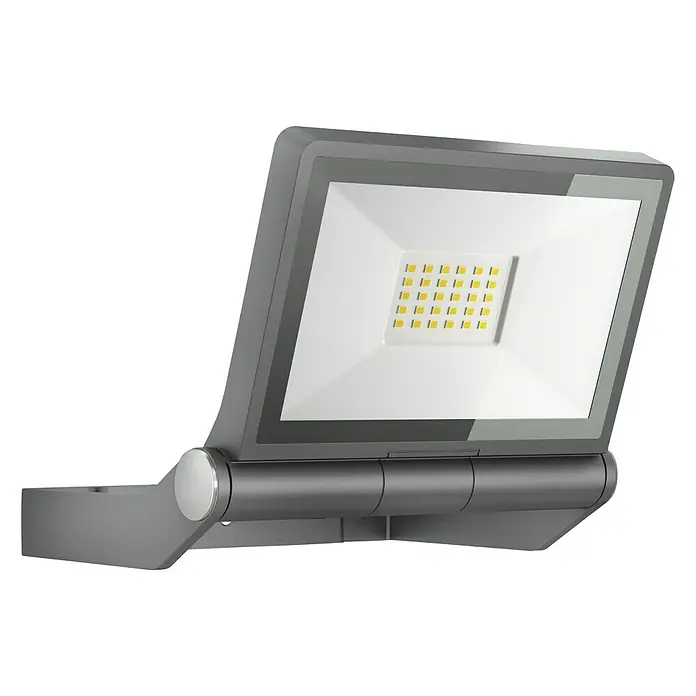 Steinel Proyector LED XLED ONE - 17,8 W, L x An x Al: 17,3 x 22,9 x 19,5 cm, Acero inoxidable, Blanco cálido - Imagen del producto de una moderna luz LED exterior gris. La luz es brillante y eficiente, perfecta para iluminar áreas exteriores.