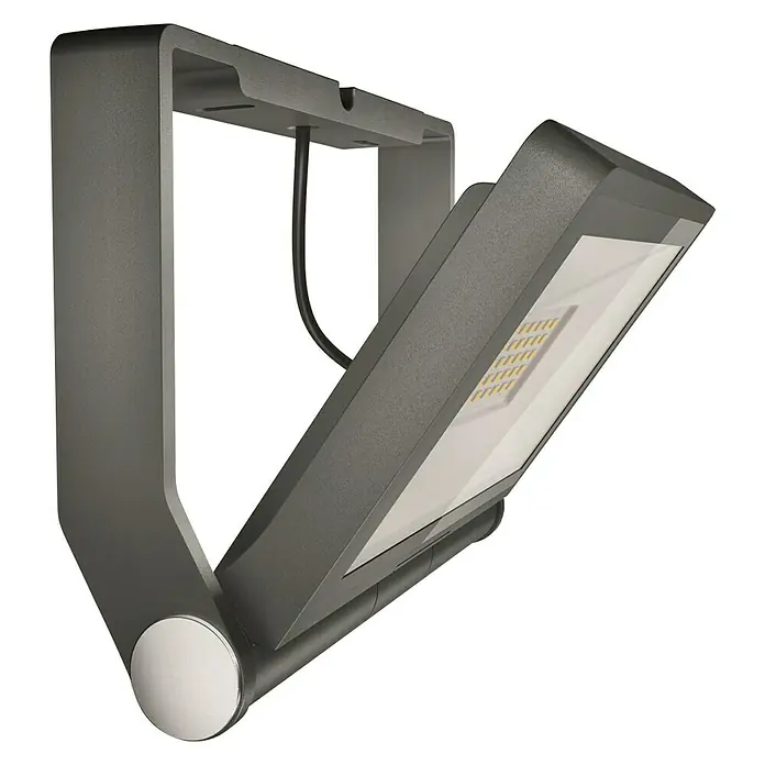 Steinel Proyector LED XLED ONE - 17,8 W, L x An x Al: 17,3 x 22,9 x 19,5 cm, Acero inoxidable, Blanco cálido - Imagen de una luz LED exterior antracita moderna. La luz está unida a un soporte con un brazo giratorio.