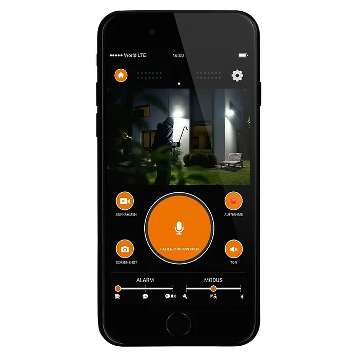 Steinel LED-Außenwandleuchte XLED CAM 1 S anthrazit - 21 W, 16,7 x 21 x 27,5 cm, IP44 - Smartphone-Ansicht einer Überwachungs-App, die einen Einbrecher im überwachten Bereich zeigt, mit verschiedenen App-Funktionen und Einstellungen.