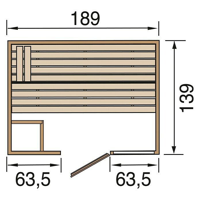 Finnwood Massivholzsauna Lasse 2Mit 7,5 kW Saunaofen mit externer Steuerung, Material Tür: Einscheibensicherheitsglas (ESG), 139 x 189 x 203 cm View From Above