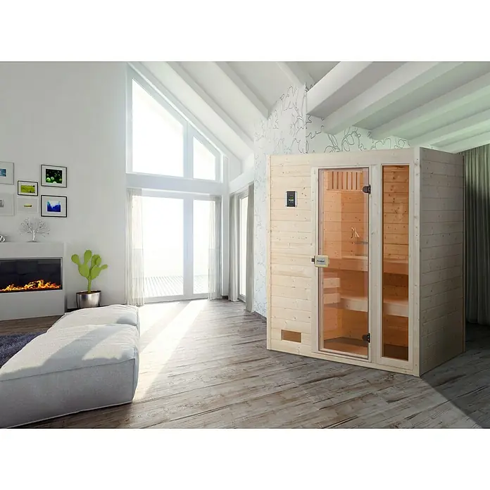 Finnwood Massivholzsauna Lasse 2 by WEKA - Bioofen, Steuerung Ofen: Extern, L x B x H: 139 x 189 x 203 cm - Einrichtung eines hellen Wohnzimmers mit einer modernen Holzsauna als Blickfang, die zum Entspannen einlädt.