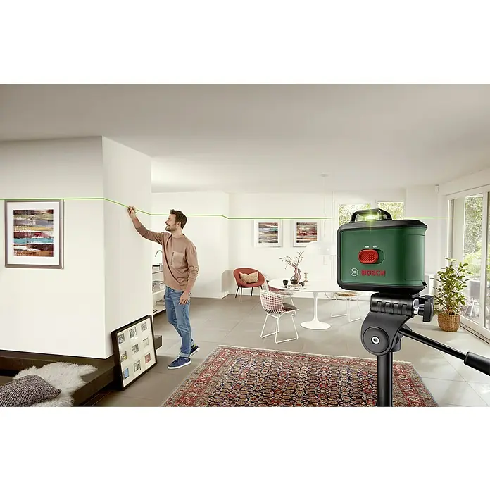 Bosch UniversalLevel Nivel láser en cruz Level 360 + trípode - Zona de trabajo máx.: 12 m, 7 pzs. - El láser de líneas cruzadas Bosch proyecta una línea verde precisa en la pared. Ideal para alineaciones precisas en trabajos interiores.