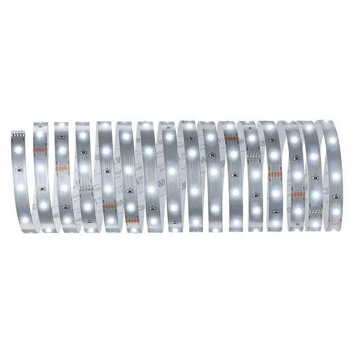 Paulmann MaxLED 250 Tira LED - Largo: 5 m, Color de luz: Blanco diurno, 19 W, 1.500 lm, IP20 - Primer plano de una tira de luces LED enrollada sobre una superficie negra, que emite una luz blanca brillante. Ideal para iluminación ambiental.
