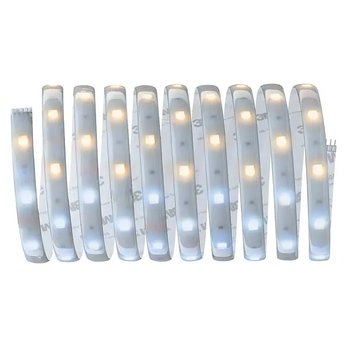 Paulmann MaxLED 250 LED-Band Tunable White Basisset - 3 m, Neutralweiß, IP44 - Nahaufnahme eines LED-Lichtstreifens mit abwechselnd warmweissen und kaltweissen Dioden auf einem schwarzen Hintergrund.