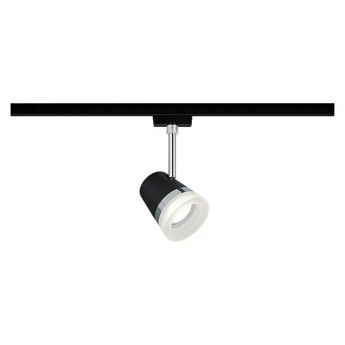 Paulmann URail Spot Cone - Ø x H: 8,5 x 18 cm, GU10, Ohne Leuchtmittel, Schwarz, Chrom - Schwarzer Strahler mit Chromdetails und mattiertem Glas, montiert an einer schwarzen Schiene, ideal für moderne Beleuchtung.