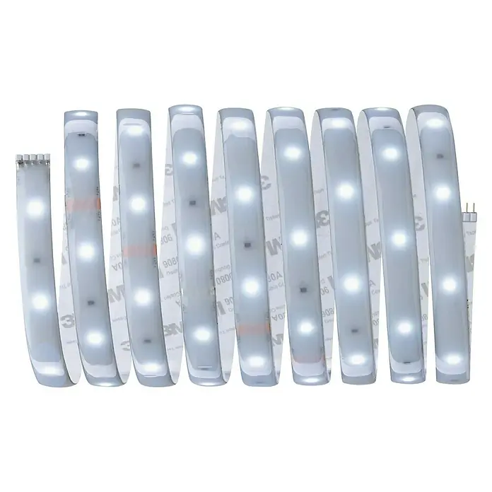Paulmann MaxLED 250 LED-Band IP44 - Länge: 2,5 m, Lichtfarbe: Tageslichtweiß, 10 W, 750 lm, IP44 - Nahaufnahme eines flexiblen LED-Streifens mit hellen, weißen LEDs und einem 3M-Klebestreifen auf der Rückseite.