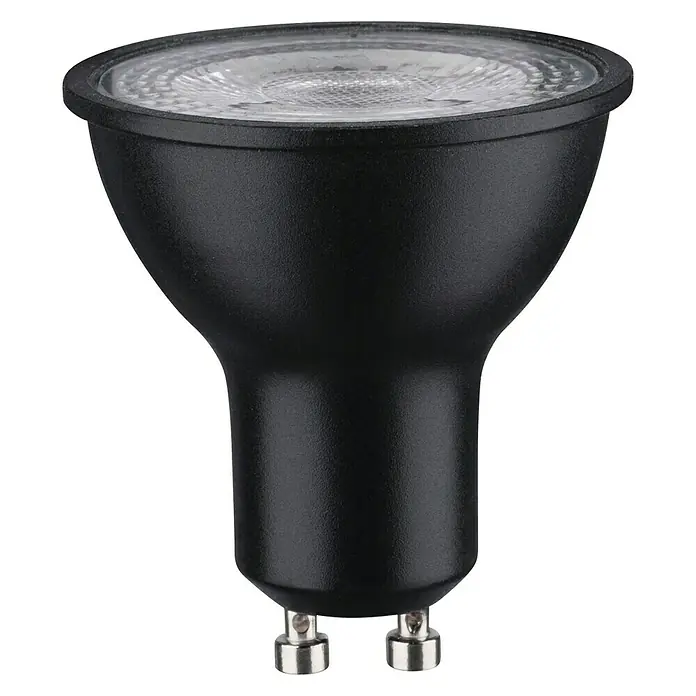 Paulmann LED-Lampe - GU10, Dimmbar, Warmweiß, 460 lm, 7 W, Farbe: Schwarz - Nahaufnahme einer schwarzen MR16 LED Lampe mit klarem Diffusor und zwei Stiftanschlüssen, ideal für Akzentbeleuchtung.