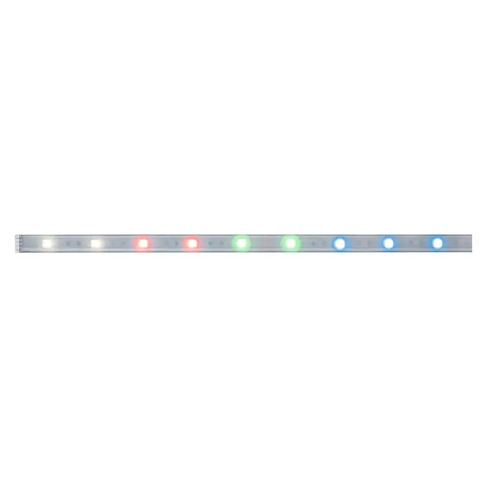 Paulmann MaxLED 250 LED-Band RGBW beschichtet IP44 - Länge: 1 m, Lichtfarbe: RGBW, 7 W, 270 lm, Anwendungsbereich: Außen - Das Bild zeigt einen LED-Streifen mit verschiedenfarbigen LEDs auf einem schwarzen Hintergrund. Ideal für stimmungsvolle Beleuchtung.