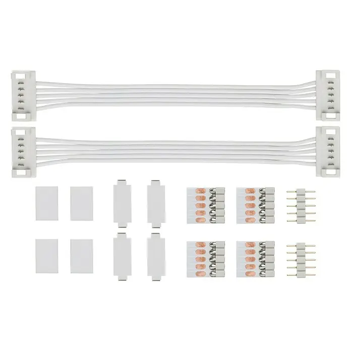 Paulmann MaxLED Verbinder-Set - 2 Stk. - Eine Nahaufnahme von LED-Streifenverbinder-Zubehör, inklusive Kabeln, Steckergehäusen und Kupferkontakten. Das Set ist für die Verbindung von LED-Beleuchtung konzipiert.