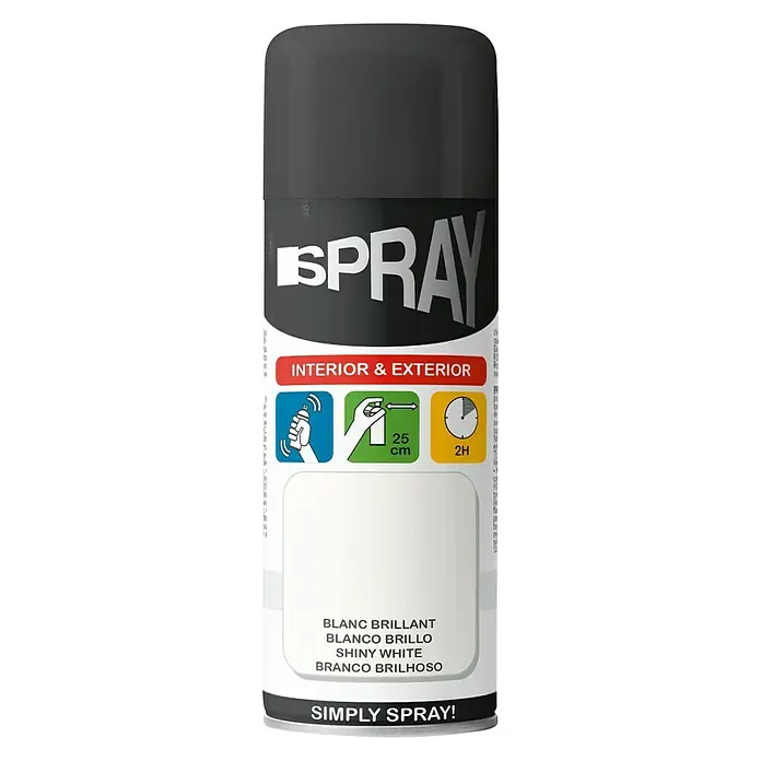 Pintura decorativa en spray - Blanco, Brillante, 400 ml - Bote de pintura iSpray blanco brillante, apto para uso en interiores y exteriores. Simplemente rociar para un acabado brillante.