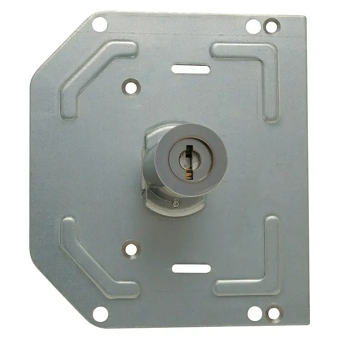 Tover Cilindro de recambio T2 - L x An x Al: 50 x 126 x 124 mm, DIN-derecha, Cromado - Primer plano de una caja de bloqueo metálica con un mecanismo de cierre central, destacando su robusto diseño para un almacenamiento seguro.