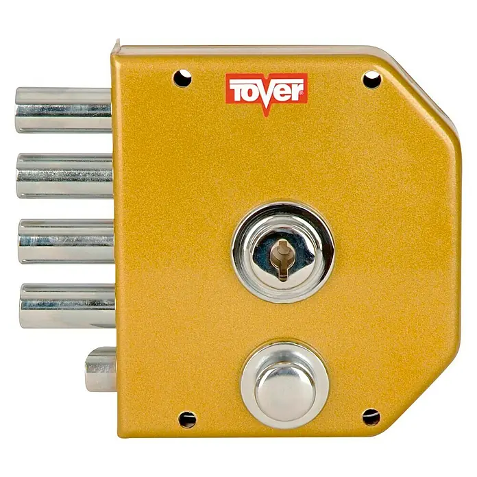 Tover Cerradura con cerrojo 7001 - Tipo de bloqueo: Llave, DIN-Izquierda, Puerta principal - Primer plano de una cerradura dorada TOVER con múltiples pestillos, que brinda seguridad y protección para tu hogar.
