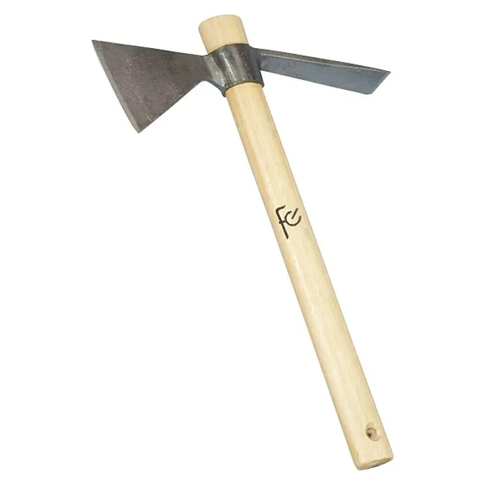 Hacha Uchol - 2 hojas, Peso cabezal: 600 g - Un hacha doble con mango de madera clara y un logo "fc" destacado, ideal para jardinería y trabajos forestales ligeros.