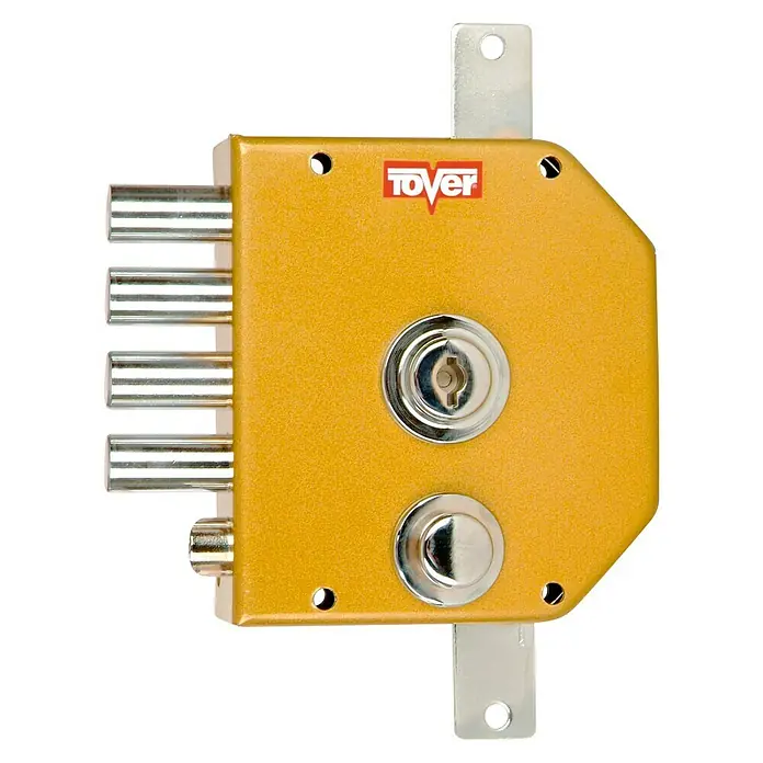 Tover Cerradura con cerrojo 9001 - Tipo de bloqueo: Llave, DIN-Izquierda, Puerta exterior - Primer plano de una cerradura dorada Tover, que ofrece seguridad y protección para tu hogar.