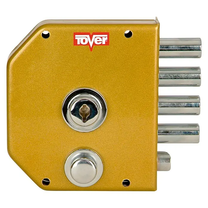 Tover Cerradura con cerrojo 7000 - Tipo de bloqueo: Llave, DIN-derecha, Puerta principal - Primer plano de una cerradura dorada Tover con cerrojos, que garantiza la seguridad y la robustez para cualquier puerta.