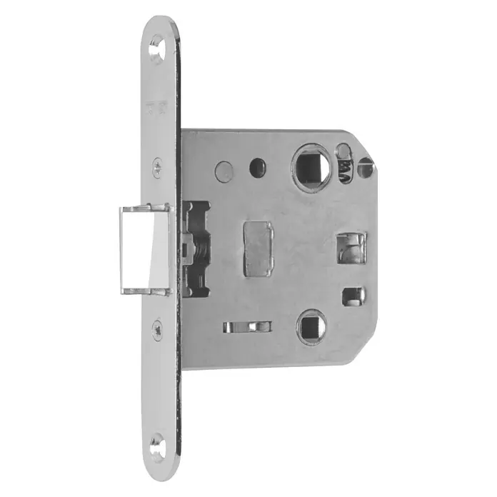 Tover Resbalón 129 - An x Al: 72 x 135 mm, Cromo - Mecanismo de cerradura de puerta de metal brillante con un pestillo retráctil y componentes internos visibles.