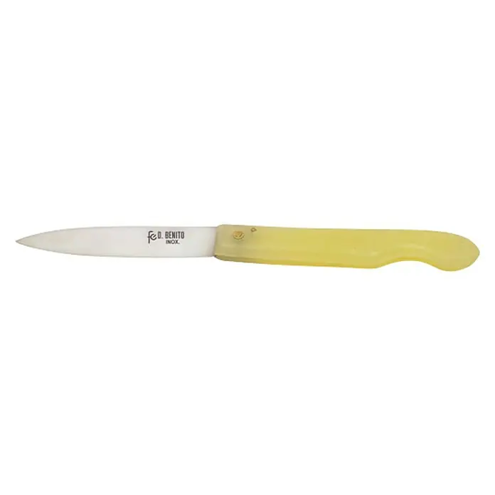 Navaja de bolsillo Cabritera - Largo: 95 mm, Acero inoxidable, Amarillo - Primer plano de un cuchillo de cocina Fed D. Benito INOX con mango amarillo. Ideal para cortes precisos en la cocina.