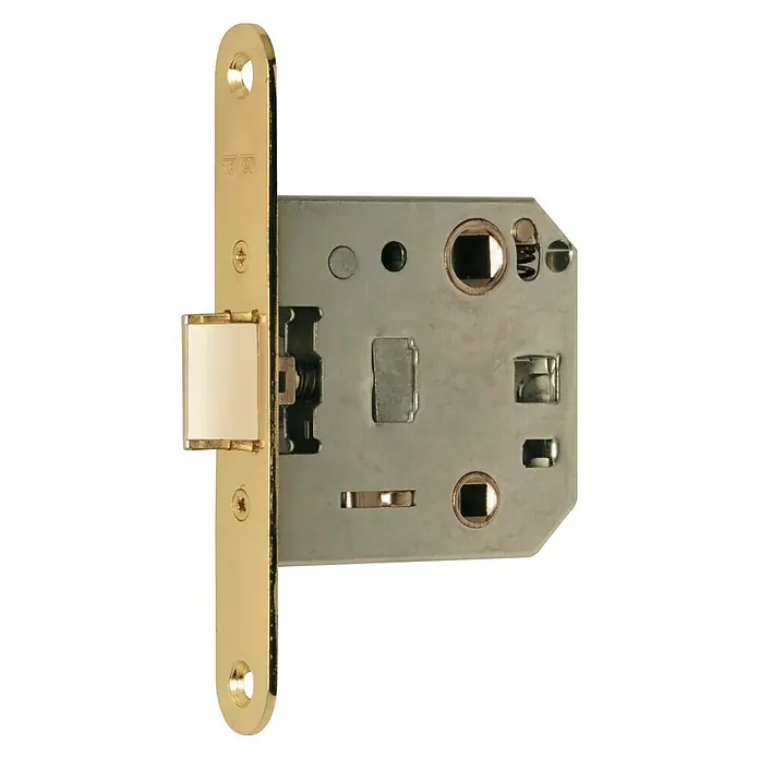 Tover Resbalón 129 - An x Al: 72 x 135 mm, Latón - Una cerradura de embutir con una placa frontal dorada y un cuerpo de cerradura plateado que muestra varias aberturas y mecanismos.