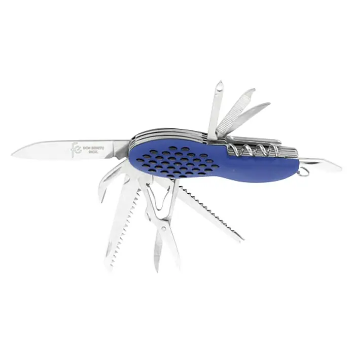 Navaja de bolsillo - 11 herramientas en 1, Acero inoxidable - Primer plano de una navaja suiza con mango azul y varias herramientas extendidas desde la carcasa.