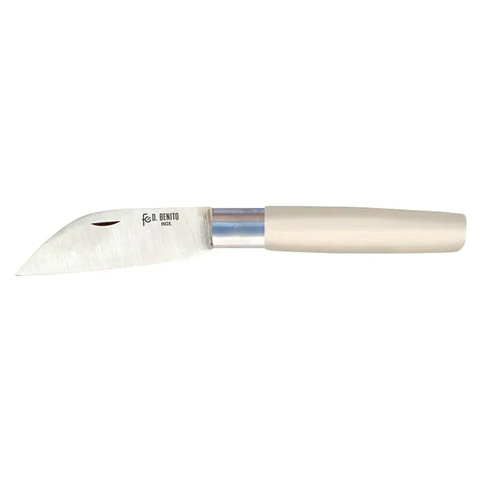 Navaja de bolsillo - Largo: 90 mm, Acero inoxidable, Blanco - Primer plano de un cuchillo FedBenito Inox, con hoja curva y mango de color marfil, perfecto para el uso diario.