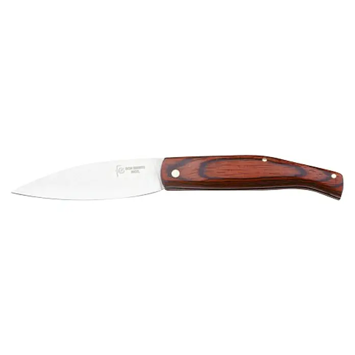 Navaja de bolsillo Campera - Acero inoxidable - Primer plano de una navaja de bolsillo con hoja de acero lisa y mango de madera marrón sobre un fondo blanco neutro.