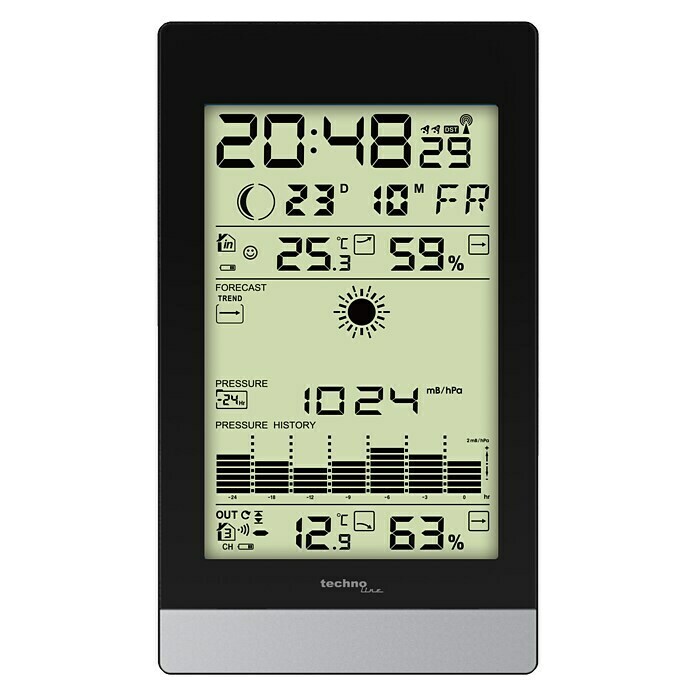 Technoline Wetterstation WS9050Digitales Display, Batteriebetrieben, Schwarz, 2,8 x 10,8 x 18,4 cm Front View