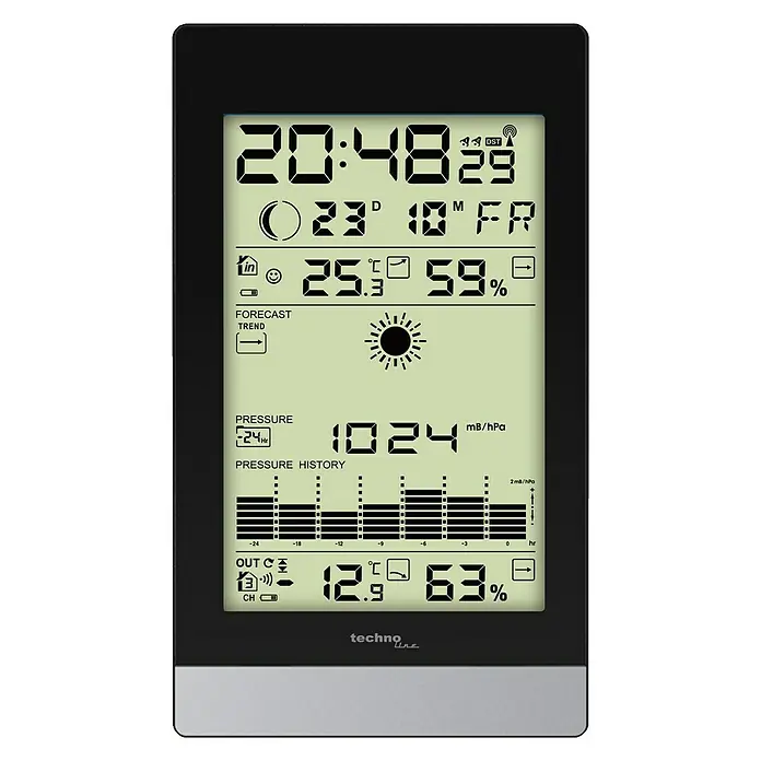 Technoline Wetterstation WS9050 - Digitales Display, Batteriebetrieben, Schwarz, 2,8 x 10,8 x 18,4 cm - Eine digitale Wetterstation von Techno Line, die Temperatur, Luftfeuchtigkeit, Luftdruck und eine Wettervorhersage anzeigt.