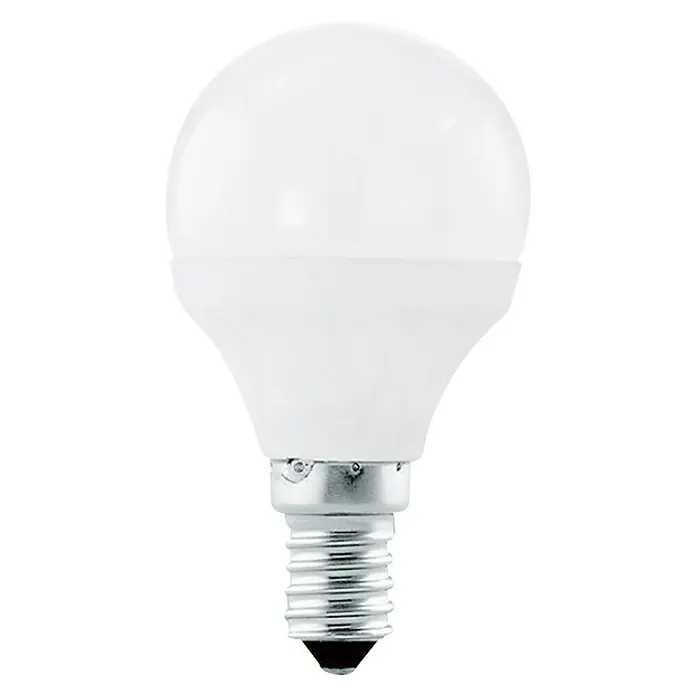 Voltolux Bombilla LED - E14, Intensidad regulable, Blanco cálido, 470 lm, 6 W, Redonda - Primer plano de una pequeña bombilla LED blanca con base E14, ideal para iluminación decorativa y soluciones de eficiencia energética en el hogar.