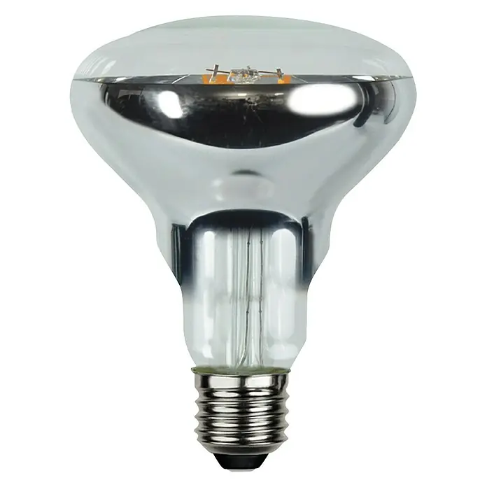 Voltolux Bombilla LED - E27, No regulable, Blanco cálido, 350 lm, 4 W - Una bombilla reflectora plateada con vidrio transparente, diseñada para reflejar la luz, ideal para crear iluminación ambiental.