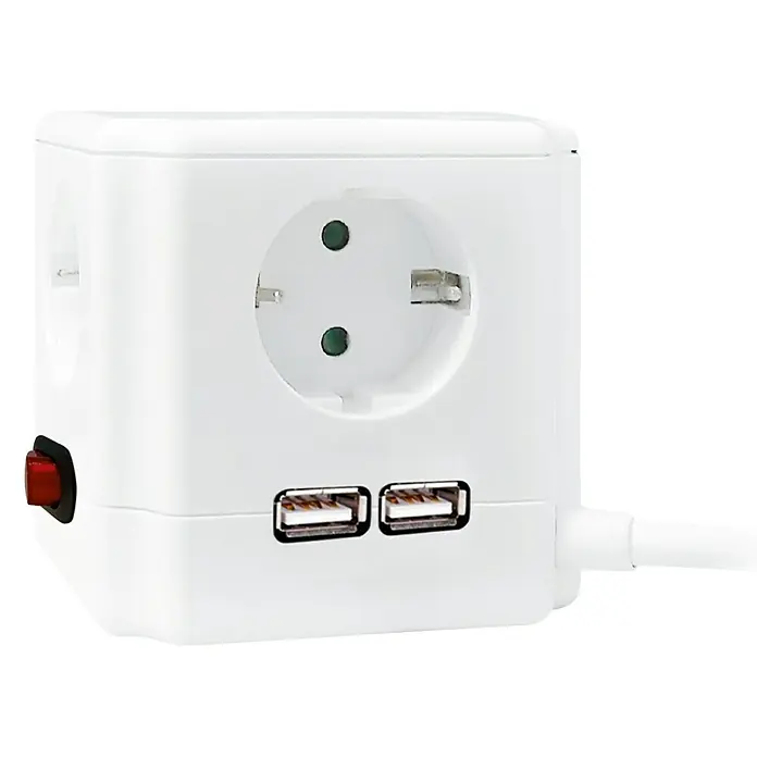 Garza Base de enchufe múltiple cuadrado - Blanco, Longitud del cable: 1,5 m, Con interruptor - Una regleta en forma de cubo con puertos USB e interruptor, ideal para operar varios dispositivos simultáneamente.