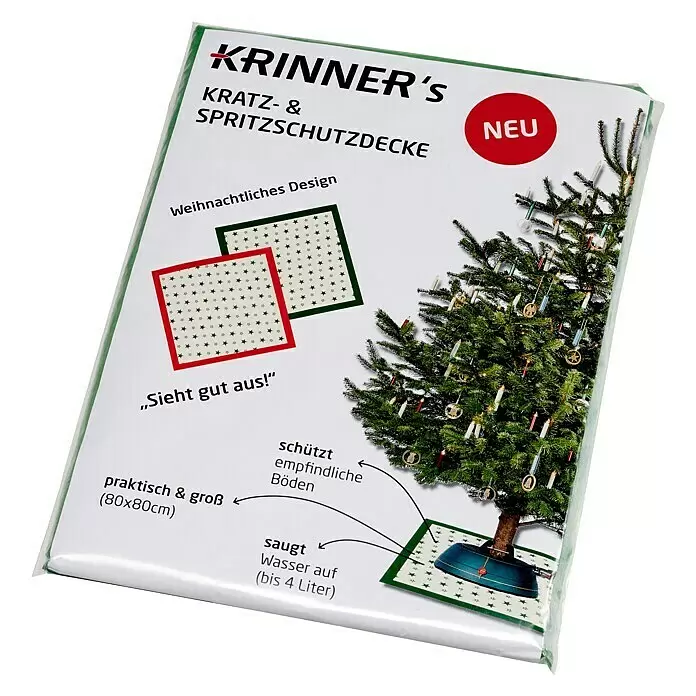 Krinner Weihnachtsbaum-Decke - Textil, Grün, Rot, Eckig - Verpackung für Krinner's Weihnachtsbaum Schutzmatte (80x80cm) mit Sternenmuster, saugt bis zu 4L Wasser zum Bodenschutz.