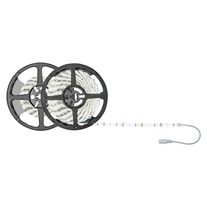 Paulmann LED-Band Strip - Länge: 7,5 m, Lichtfarbe: Kaltweiß, 20 W, 1.402 lm - Zwei Rollen LED-Streifen, die jeweils auf einer schwarzen Spule aufgerollt sind, wobei ein Streifen abgerollt ist und einen grauen Stecker hat.