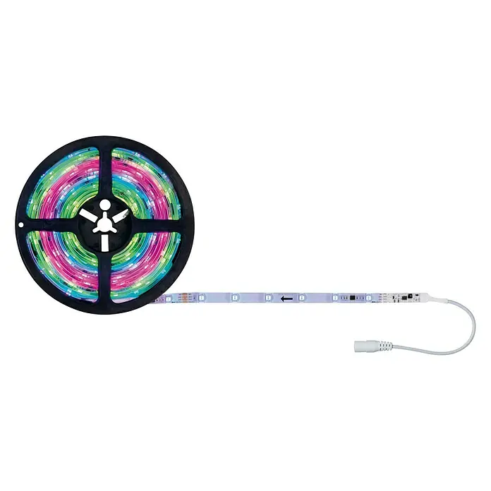 Paulmann LED-Band Motion - Länge: 5 m, Lichtfarbe: RGB, 10 W, 325 lm, 12 V - LED-Lichterkette auf Rolle. Eine flexible, selbstklebende LED-Leiste, ideal für dekorative Beleuchtung, die verschiedene Farben erzeugt.
