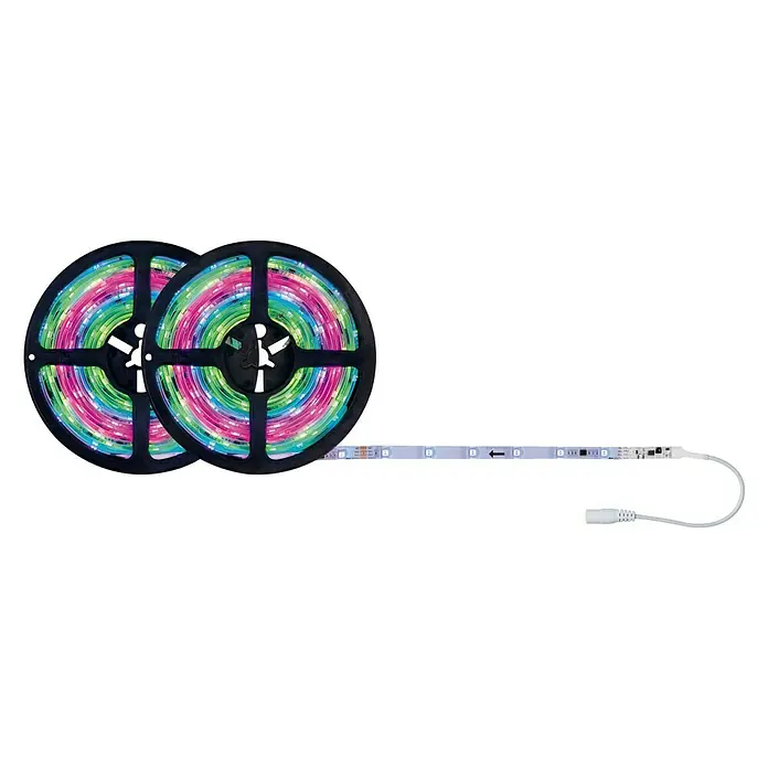Paulmann Tira LED Set básico SimpLED Motion - Largo: 10 m, Color de luz: RGB, 17 W, 650 lm, 12 V - Foto de dos rollos de tiras LED multicolores y un tramo recto con un conector. Ideal para iluminación ambiental.