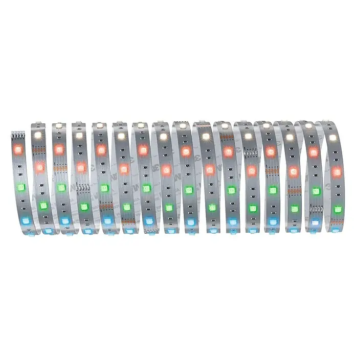Paulmann MaxLED 250 Tira LED - Largo: 5 m, Color de luz: RGBW, 31,5 W, 1.350 lm, Ámbito de aplicación: Para interior - Primer plano de una tira de LED con diodos rojos, verdes, azules y blancos sobre un fondo negro.
