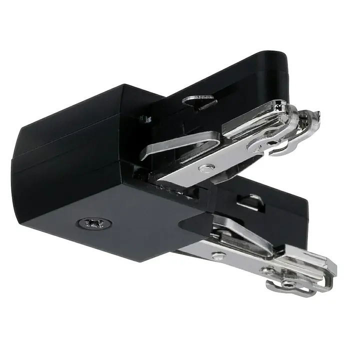 Paulmann URail L-Verbinder - L x B x H: 62 x 62 x 18 mm, Schwarz - Eine Nahaufnahme eines schwarzen elektronischen Tackers mit silbernen Metallteilen auf einem schwarzen Hintergrund.