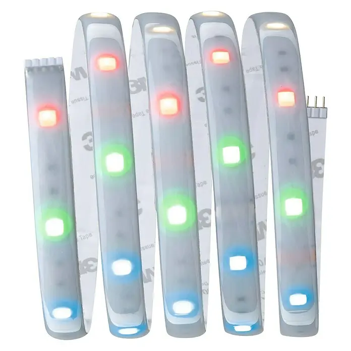 Paulmann MaxLED 250 LED-Band Basisset RGBW Protecting Cover IP44 - Länge: 1,5 m, Lichtfarbe: RGBW, 10 W, 345 lm - Nahaufnahme eines flexiblen LED-Streifens mit bunten Lichtern, ideal für stimmungsvolle Beleuchtung und dekorative Akzente im Innenbereich.