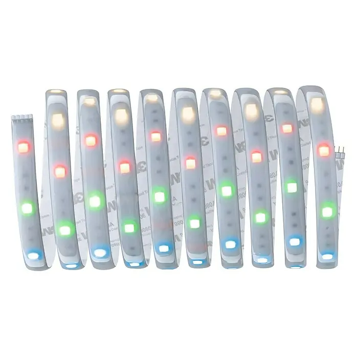 Paulmann MaxLED 250 LED-Band Basisset RGBW Protecting Cover IP44 - Länge: 3 m, Lichtfarbe: RGBW, 20 W, 690 lm - Nahaufnahme eines LED-Streifens mit bunten Lichtern, der auf einer Rolle aufgerollt ist und sich perfekt für dekorative Beleuchtungszwecke eignet.