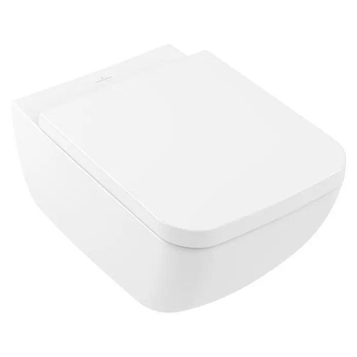 Villeroy & Boch Venticello Wand-WC-Set - Spülrandlos, Ohne Spezialglasur, Spülform: Tief, WC Abgang: Waagerecht, Weiß - Nahaufnahme einer weißen Villeroy & Boch Wandtoilette mit minimalistischem Design und klaren Linien vor schwarzem Hintergrund.