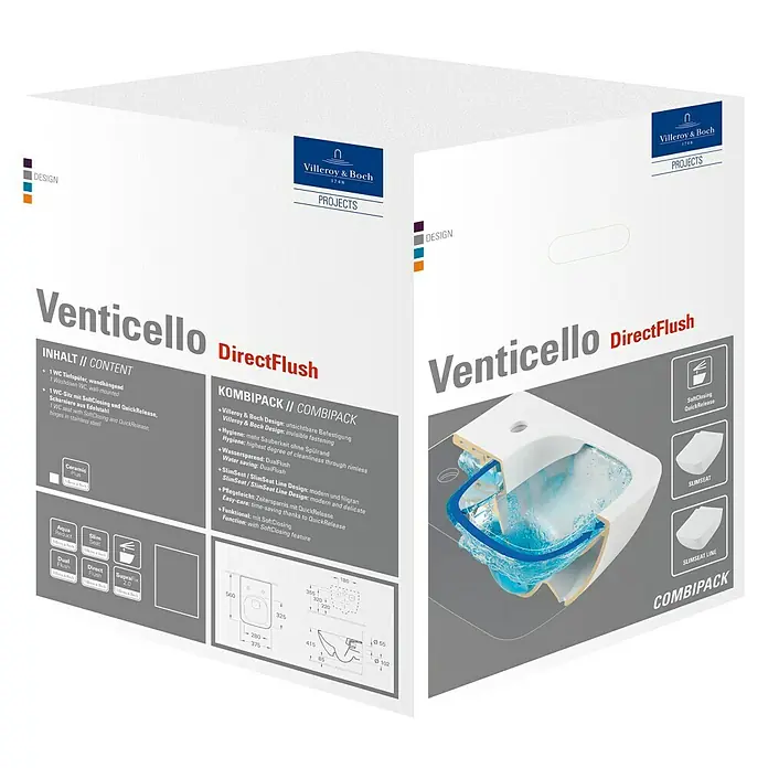 Villeroy & Boch Venticello Wand-WC-Set - Spülrandlos, Ohne Spezialglasur, Spülform: Tief, WC Abgang: Waagerecht, Weiß - Bild einer Villeroy & Boch Venticello DirectFlush Kombipackung, die eine wandhängende Tiefspültoilette mit SoftClosing-Funktion zeigt.