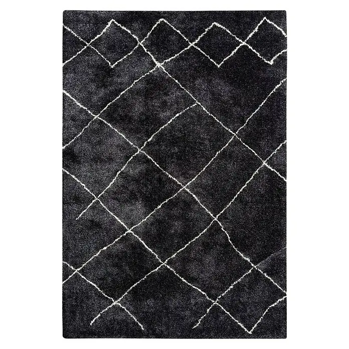 Kayoom Hochflorteppich Orlando 525 - Anthrazit, 230 x 160 cm - Anthrazitfarbener Teppich mit weißem geometrischem Muster, ideal für moderne Wohnräume und zur Aufwertung des Ambientes.