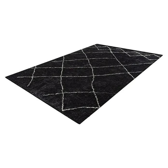 Kayoom Hochflorteppich Orlando 525 - Anthrazit, 230 x 160 cm - Schwarzer Teppich mit weißem Rautenmuster. Der Teppich ist rechteckig und hat ein modernes Design für Wohnräume.
