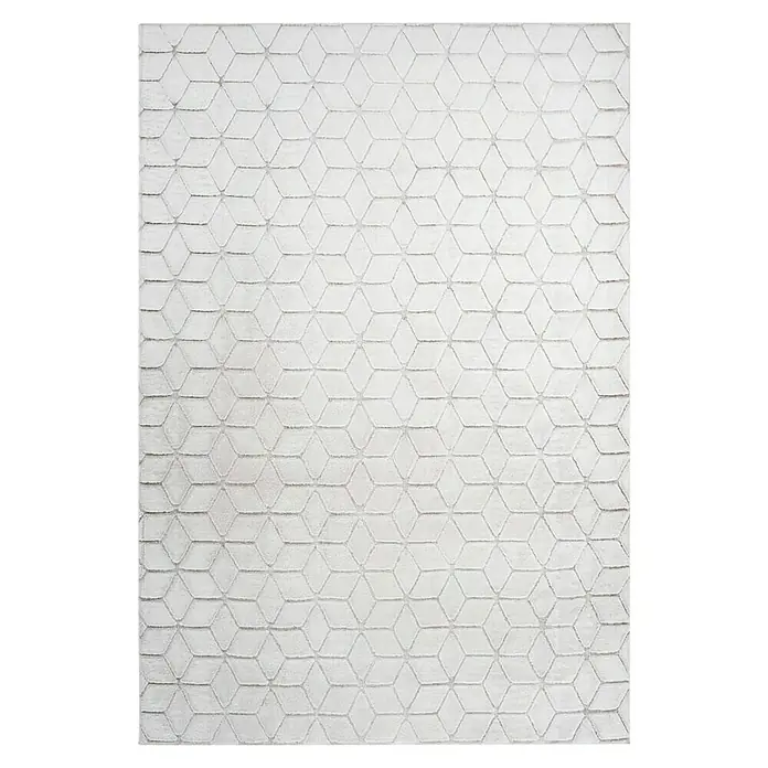 Kayoom Hochflorteppich Vivica 125 - Weiß/Rosé, 150 x 80 cm - Elegante Nahaufnahme eines grauen Teppichs mit einem geometrischen Würfelmuster, der einen modernen und stilvollen Akzent setzt.